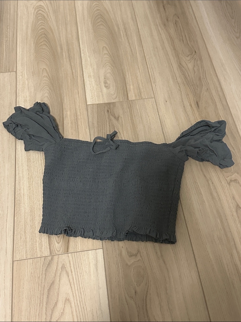 Wilfred Charcoal Gray/Blue Smocked Off-Shoulder Crop Top